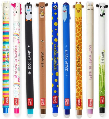 LEGAMI radierbare Gelschreiber Gelstifte mit Tiermotiven Multipack mit neun verschiedenen Stiften Hai, Giraffe, Panda, Lama, Einhorn, Bunny, Pinguin, Teddy und Monster