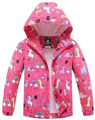 BuyiRen Girls Waterproof Jacket Rain Jackets Hooded Raincoat Lightweight Cotton Lined Rain Coats for Kids, Rose Unicorns, 5-6 Years