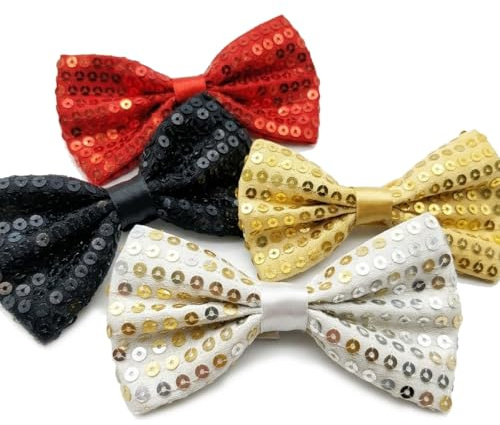 Lahkvor Lot de 4 Noeuds Papillon Paillettes Homme & Enfant, Cravate Papillon Scintillante Réglable (Rouge, Noir, Jaune Fluoro, Argent) pour Fête, Disco & Carnaval