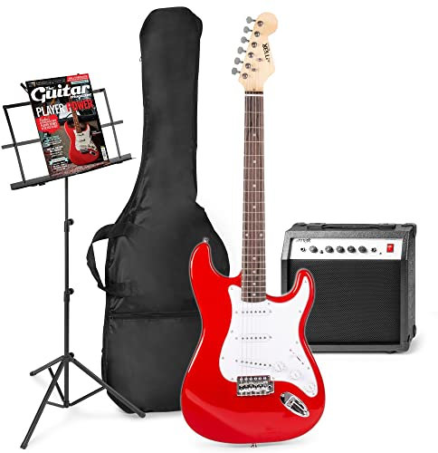 MAX GigKit E-Gitarre Set - Gitarrenverstärker 40 Watt, Electric Guitar, Notenständer, Gitarrentasche, Stimmgerät, Instrumentenkabel, Gitarrengurt und Zubehör - Rot