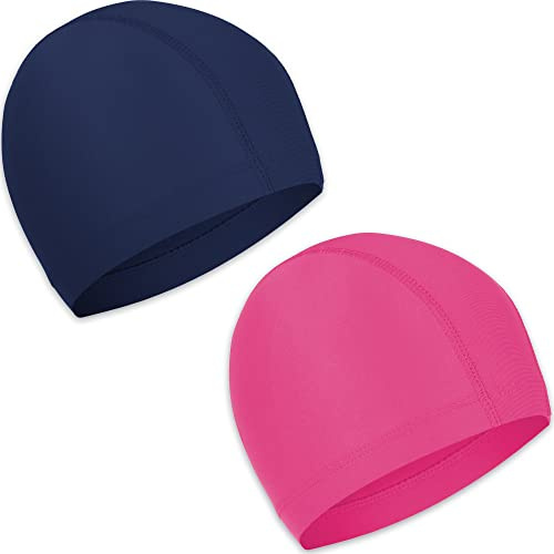 2 Pcs Elastic Swim Caps Comfortable Non-slip Fabric Swimming Hat Lightweight Bathing Caps for Women Men Kids to Swimming (Rose Pink, Navy Blue)
