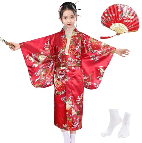 KRUIHAN Japanska Kimono Flickor,Yukata klänning Traditionell Japansk stil,Satäng klänning,Cosplay kostymer,Festklänning,Flicka Spa-rock,med hopfällbar fläkt och Tabi Strumpor, Röd, 150