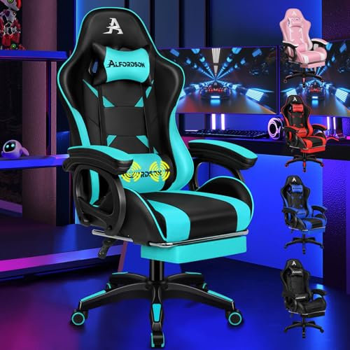 ALFORDSON Gamingstuhl, Bürostuhl, mit 2-Punkt-Massage, Fußstütze, Kopfstütze und Lendenkissen, 150° verstellbare Rückenlehne, PU-Leder, Cyan