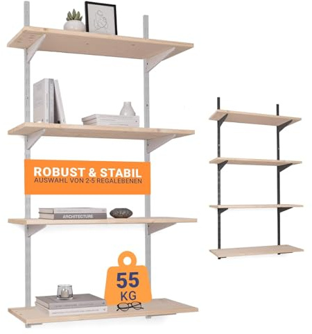 BOOMET · Wandregal Metall mit Boden · Regal in 46 Varianten · Höhe: 100 cm · 3 Ebenen in 80 x 20 cm (B x T) · Farbe: weiß · Wandschienen Regalsystem · Regalträger Schienensystem