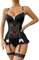 BEINF Women's Lingerie Sets Sexy Floral Lace Bodysuit with Garter Belt V Neck Bow Front Babydoll Underwire with Stockings 3 Pieces Black L