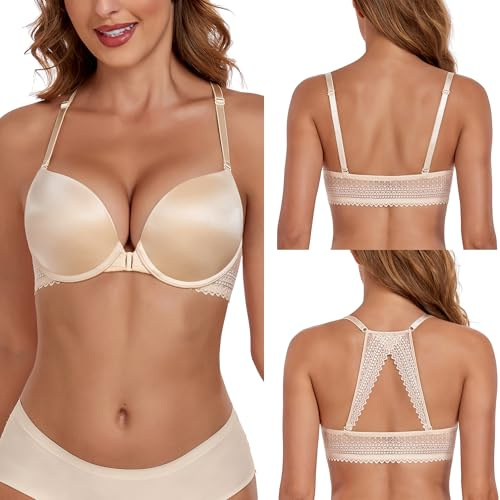 Lemorosy Reggiseno Push Up Donna V Profondo Imbottito Chiusura Anteriore con Ferretto per Taglie Forti Pizzo Schiena Decorativo T-Shirt