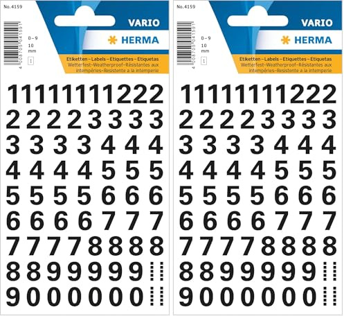 HERMA 4159 Lot de 71 autocollants numérotés noirs de 0 à 9, taille de la police 10 mm, autocollants, résistants aux intempéries, petits chiffres adhésifs pour numéros de maison, en film plastique à
