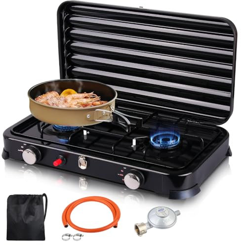 Réchaud à gaz GPL 2,2 kW pour camping avec couvercle, allumage automatique, tuyau et régulateur de pression de gaz de 50 mbar, plaque de cuisson portable avec sac de transport pour les activités de