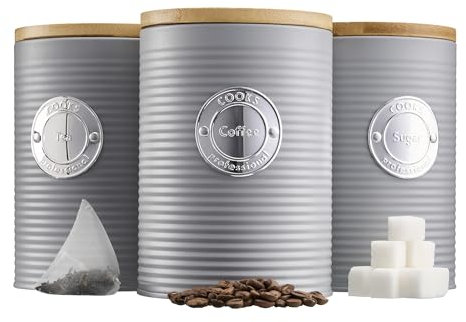 Cooks Professional 3 Piece Ribbed Tea, Coffee, & Sugar Cannisters with Air-Tight Bamboo Lids | Stainless Steel Kitchen Storage Bin Set | Modern & Stylish | Grey & Silver