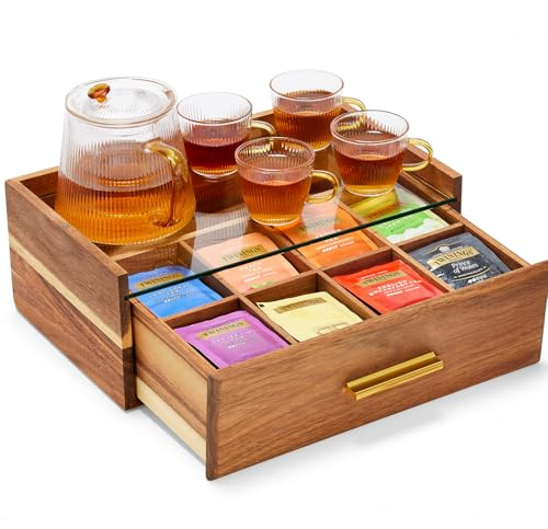 Acacia Wood Tea Bag Organizer, Tea Box with Storage Drawer, 8 Compartments Tea Organizer for Tea Bags with Glass Window, Coffee Pods and Tea Organizer Holder for Countertop, Tea Station Chest Display