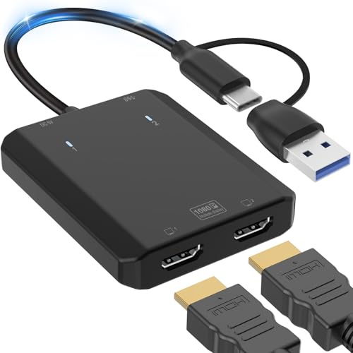 USB to Dual HD Adapter for 2 Monitors Double 1080P@60Hz HD Extender Display Splitter 4 in 1 Type C Convertor Thunderbolt 3/4 Multi-Display for Computer Laptop Desktop DVD Player, TV, Projector
