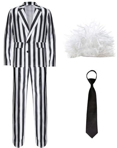 Boyigog Horror Men Black-White Striped Suit Costume with Wig Tie, Horror Halloween Men Cosplay Outfit, Halloween Carnival Cosplay Fancy Dress Costume