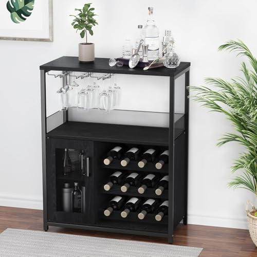 Salutmeuble Armadietto da bar per vino a 3 livelli, con armadietto per vino rimovibile e spazio di archiviazione, armadio da credenza con porta in vetro e porta in rete, per cucina, soggiorno e bar