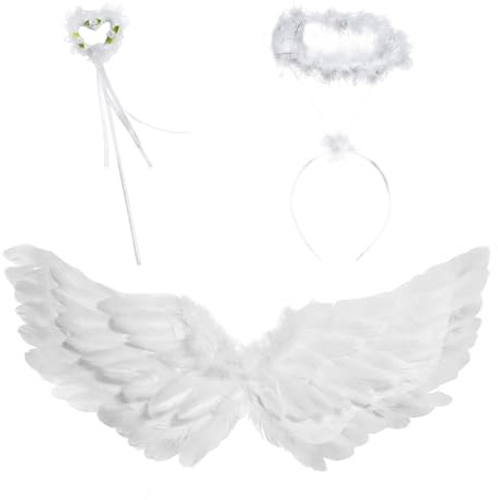 Ängelvingar, 60 cm, vit ängel, kostym med halo, pannband, trollstav, ängel, vingar, älvor, kostym, tillbehör för halloween, fest, karneval, cosplay