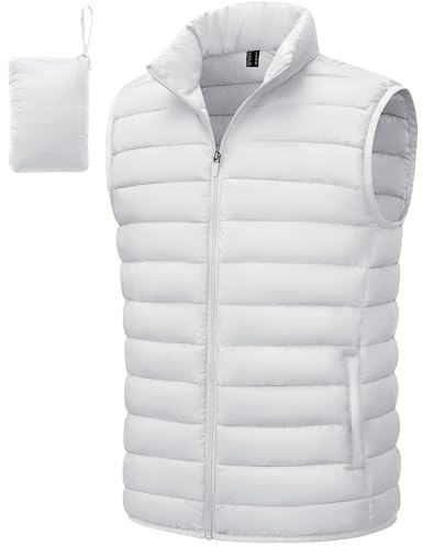TACVASEN Men's Down Vest Lightweight Packable Windproof Water Repellent Outerwear Vest Insulated Winter Quilted Puffy Sleeveless Jacket White L