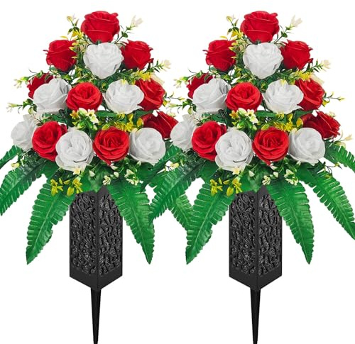 2-Pack Cemetery Flowers for Grave with Spiked Vases, 18-Stem Red & White Artificial Rose Bouquets, Windproof and Colorfast All-Weather Memorial Decorations for Headstones