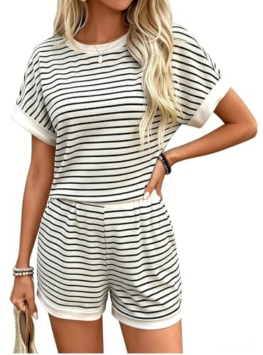 ADUDVLO Women Striped Pyjama Sets Summer Two Piece Loungewear Sets Short Sleeve Pjs Top and Shorts Co ord Outfits Soft Casual Ladies Nightwear Light Apricot