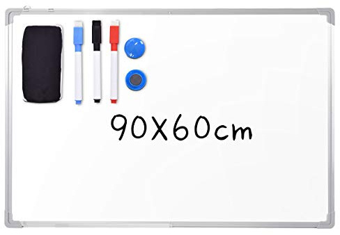 GOPLUS Tableau Blanc Effacable 90 x 60 CM avec Plateau Amovible, Tableau Magnetique Murale, Cadre en Aluminium, Incluant 2 Crochets, 3 Marqueurs, 2 Aimants, 1 Gomme, Idéal pour Bureau, École, Maison
