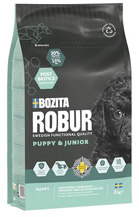 Bozita ROBUR Puppy & Junior kyckling 3 kg – valpfoder torrfoder med hög acceptans, postbiotika utan vete för små till medelstora raser