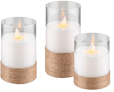 goobay 60343 3er-Set LED Echtwachskerzen im Hanf umwickelten Glas, warmweißer Kerzenschein, bewegliche Flamme, 10, 12,5 & 15cm hohe Kerzen Transparen, Klar