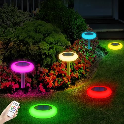 INTELAMP Solarlampen für Außen Garten mit Fernbedienung, 6 Stück Solarleuchten Bodenleuchten Aussen mit RGB Modi 9 Spezifische Farben, Warmweiß Wasserdicht für Garten, Rasen, Terrasse, Hof