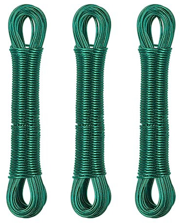 Relaxdays Wäscheleine 3er Set, 20m, Wäscheseil mit Stahlkern, PVC, extra stark, drinnen & draußen, Wäscheschnur, grün