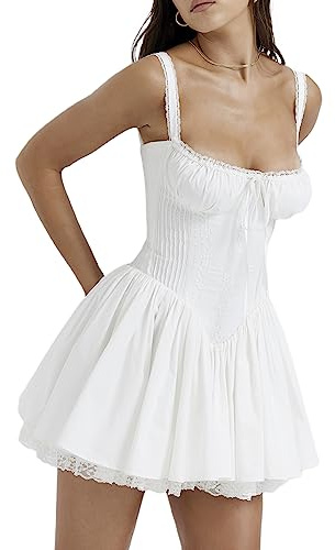 Womens Summer Ruffle Dresses Boho Spaghetti Strap Square Neck Babydoll Mini Dress Flowy Beach Sundress (A-White, M)