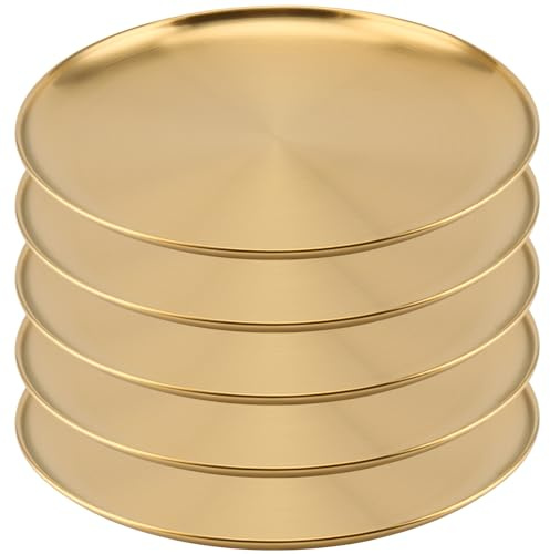 MOUYAT 5 st 20 cm platta i rostfritt stål, runda serveringsfat, okrossbara middagstallrikar i metall för camping, grill, picknick och utomhusbruk, guld
