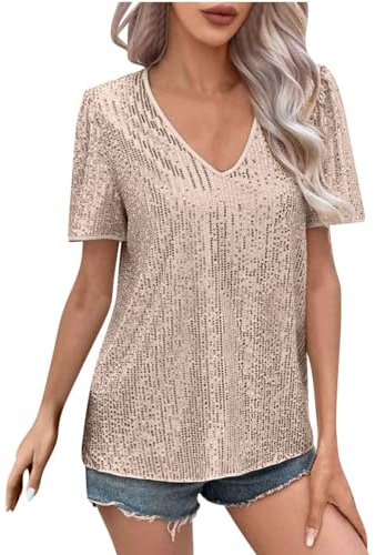 Sequin Tops for Women UK Sale Clearance,Ladies Short Sleeve V Neck Blouse Sequins T Shirts Sexy Sparkle Glitter Shirt Loose Fit Tunic Tops Elegant Party Club Going Out Tops Clubwear Summer T-Shirt