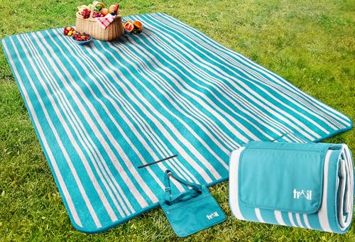Trail Extra Large Picnic Blanket, Soft Fleece Rug, Waterproof Backing, Foam Insulation, Fleecy Top, Parasol Slit, Peg Points, Cover with Strap, Portable Camping Garden Beach Mat (Turquoise / 3m x 2m)