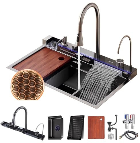 Évier de cuisine Évier double cascade Whale avec affichage LED avec lave-tasses, distributeur de savon, mélangeur cascade, commandes de comptoir, etc. (68 * 46 * 22cm, Gun grey)