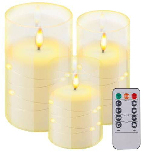 WIYETY Bougies LED Télécommande Lot de 3 Bougies Led Flamme Vacillante, Fausse Bougie Flamme Vacillante, Bougies LED avec Guirlande Lumineuse Intégrée Blanche pour Mariage, Noël, Maison