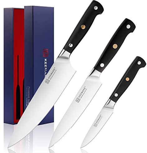 KEEMAKE Kitchen Knife Sets 3 Pieces - Sharp Kitchen Knives with High Carbon Stainless Steel 1.4116 Professional Chef Knife Set, Cooking Knife Set with Ergonomic Black Handle Cutting Knives Set