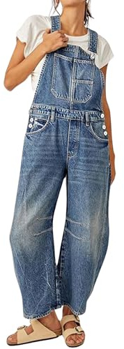 loveimgs Women Y2k Baggy Barrel Jeans Overalls Wide Leg Denim Pants Bib Overalls Jumpsuit Boyfriend Patchwork Jeans (X-Large,Dark blue)