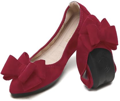 YOUNIFIZ Damen-Ballerinas, faltbar, modisch, mit Schleife, bequem, spitzer Zehenbereich, Slipper, Ballerina, lässig, bequem, Wildlederimitat, weinrot, 40 EU
