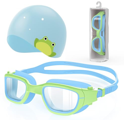 Zeligerstar Kids Swim Goggles with Silicone Swim Cap, Swimming Goggles Cap Set for Kids 6-14, Anti-Fog Anti-UV Pool Glasses for Boys Girls Children