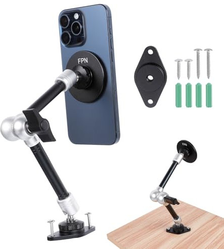 FPN Magnetic Phone Holder with AMPS Mounting Plate Drill Base & 360°Rotation 10 Magic Arm, Magnet Phone Mount for Wall/Desk/Truck/Car/Workbench, Compatible with Magsafe iPhone 16 15 14 13 12 Series