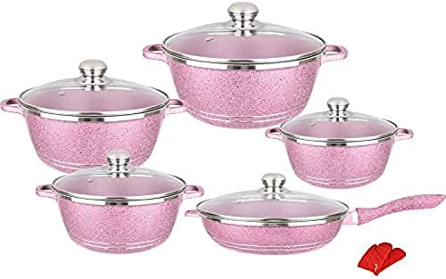 10-Piece Nonstick Granite Cookware Set, Pink Marble Coated Pots & Pans with Glass Lids, Aluminum Kitchen Essentials, Frying Pan, Stock Pot, Saucepans - Perfect for Home Cooking