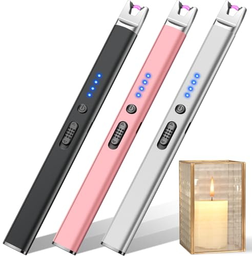 LcFun Feuerzeug Elektrisch Lichtbogen Stabfeuerzeug USB Aufladbar Elektrisches Feuerzeug mit Sicherheitsschloss, Plasma Kerzenanzünder für Kerze Camping Feuerwerk Kamin (Schwarz+Silber+Rosa)
