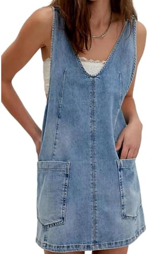 Robe en jean pour femme, jupe barboteuse en jean extensible, mini salopette, jupe réglable, bleu clair, L