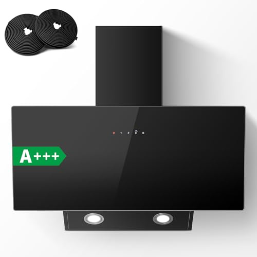 TopStrong Cooker Hood 90cm, Extractor Fan kitchen, Wall-Mounted Extractor Hood, A+++ Kitchen Hood, 450 m³/h, Touch Control, 3 Speed + Booster, Recirculating & Ducting System, Black