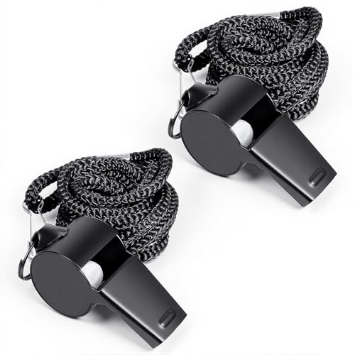 Qulkws 2 Pack Whistle for Coaches Stainless Steel Sports Whistle with Lanyard Loud Crisp Sound Referee Whistles for Football Basketball Soccer School Referees Coaches Lifeguard Emergency(Black)