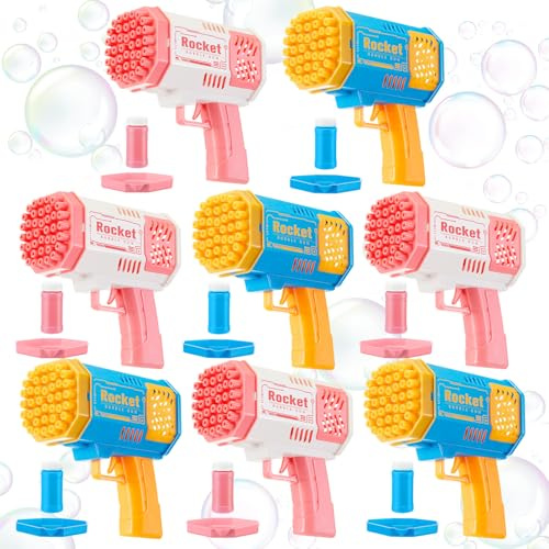 Rotatingpals 8-Pack Bubble Gun with Solution Refill, 40-Hole Automatic Rocket Shape Bubble Machine Blaster Blower Bulk for Wedding, Outdoors, Party Favors, Photo Prop, Reception Entertainment