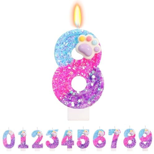 TESGADGETS Velas de cumpleaños con patas adorables – Vela con el número 8, adorno para tarta con patas de gatos y perros, decoraciones en estilo de dibujos animados para el 8° cumpleaños de niños y