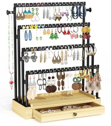 THYGIFTREE 4 Tier Ohrringständer mit 140 Löchern, Schmuckständer mit Schublade, Schmuckaufbewahrung, Schmuckorganizer für Ohrstecker, Creolen und Ketten, Vintage - Stil (Holzfarben)