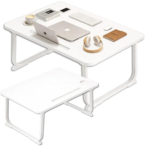 PECZEKO laptopbord vikbart – laptopstativ med surfplattehållare, frukostbricka av trä, bord för soffa och säng, multifunktionellt laptopbord för arbete, läsning och mat, 1 st vitt