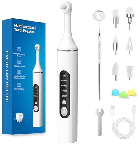 Tooth Polisher, Rechargeable Teeth Cleaning Tools for Tooth Polish and Whitening, Electric Teeth Cleaner with 3 Pastes, 5 Speeds, 6 Heads & LED Light, Waterproof Personal Dental Care Kit for Home Use