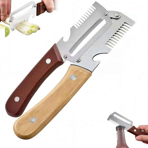 2026 Upgrade Pelador de Verduras Premium con mango de madera y abridor de botellas, herramienta de cocina 2 en 1 de acero inoxidable, pelador de frutas antideslizante con mango de madera para frutas