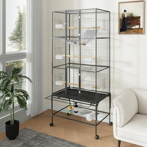 Jaula para pájaros extragrande de 69 pulgadas con soporte con ruedas y estante de almacenamiento – Espaciosa pajarera metálica para loros, guacamayos, cacatúas, cotorras y periquitos – Incluye bandeja