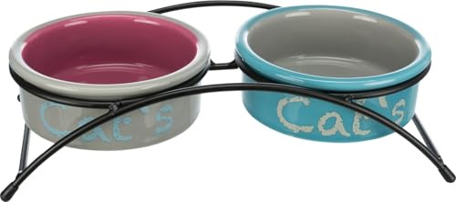 Trixie - Set de Comederos Cerámicos Eat on Feet para Gatos, 2 x 0,25 L/ø 12 cm, Soporte Elevado de Metal con Pies de Goma Antideslizantes, Higiénico y Apto para Lavavajillas